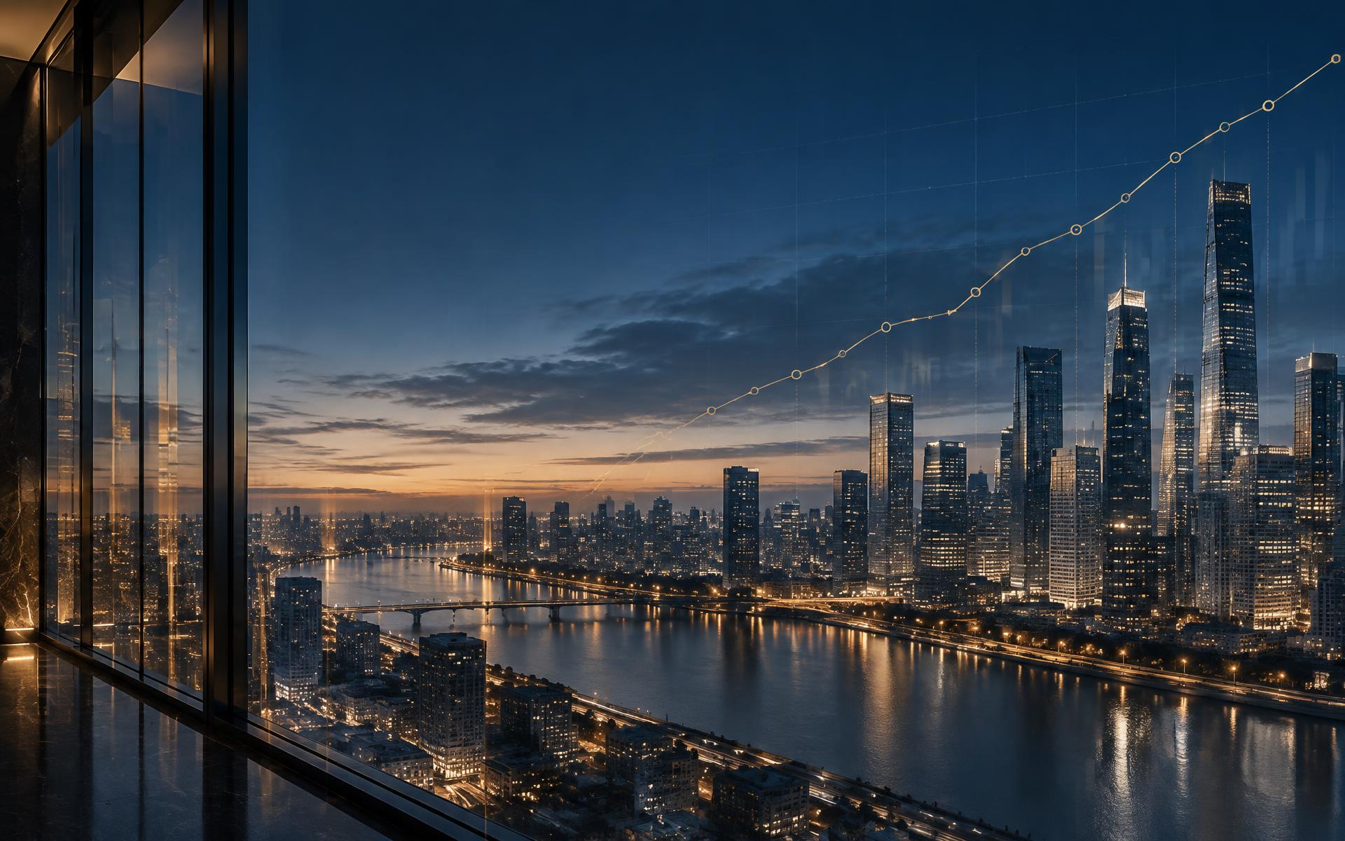 City skyline with an integrated financial growth line